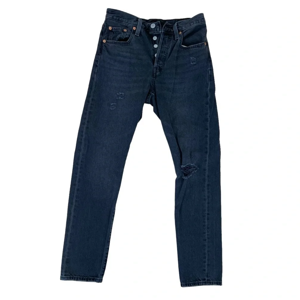 Levis 501 premium jeans black button fly ripped knees high rise waist size 25 - Picture 1 of 12